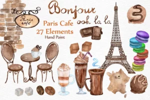 27 Vintage Paris Coffee Watercolor Clipart Png 0