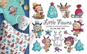 Little Fawns Doodles And Seamless Patterns Svg Bundle, Christmas Svg 0