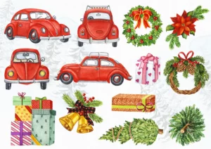 Watercolor Christmas Red Car Bundle Png, Christmas Wreath Png 0