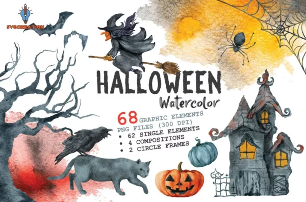 Halloween Bundle Svg, Halloween Watercolor Art Collection Png, Trick Or Treat Images 0