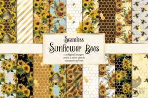 Seamless Sunflower Bees Digital Paper Png