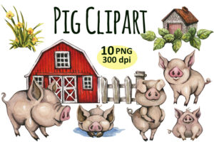 Watercolor Pig Clipart Png Bundle