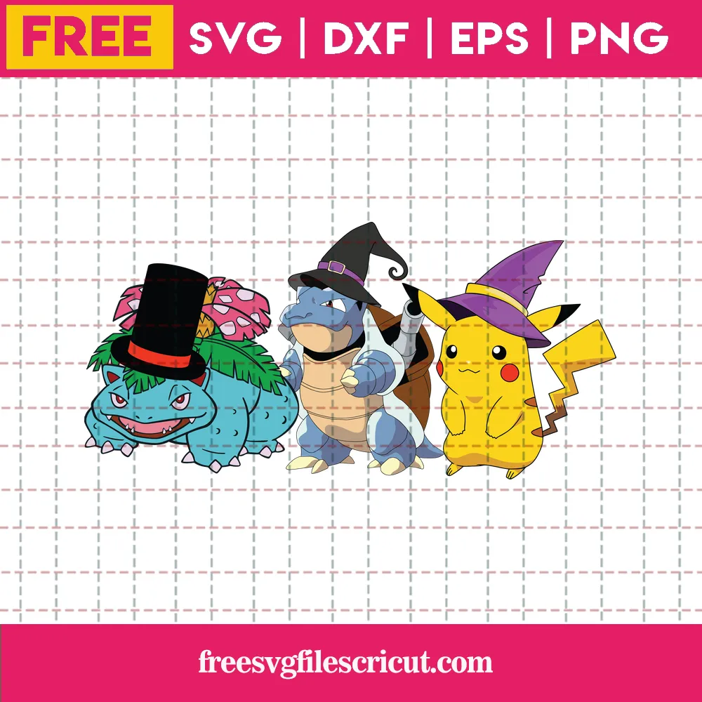 Pikachu, Venusaur, Kamex With Witch Hats Free SVG Images For Cricut