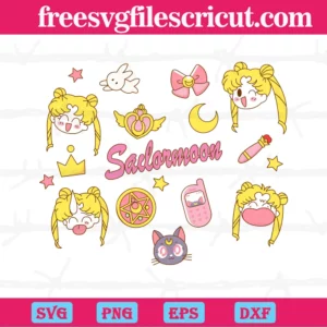 Chibi Sailor Moon Bow Locket Cat Lipstick Rabbit Phone Crown, Svg Bundle