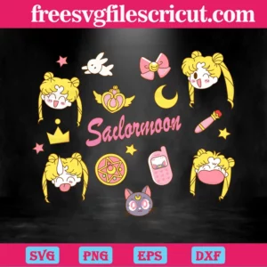 Chibi Sailor Moon Bow Locket Cat Lipstick Rabbit Phone Crown, Svg Bundle Invert