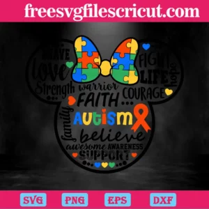 Minnie Mouse Autism Puzzle Piece Ribbon Brave Love Strength Warrior Faith Believe Support Fight, Svg Png Dxf Eps Invert