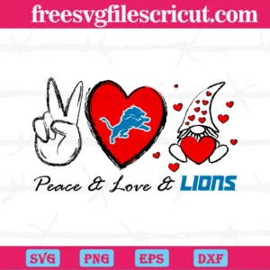 Nfl Teams Peace Love Lions Heart With Gnome, Cuttable Svg Files