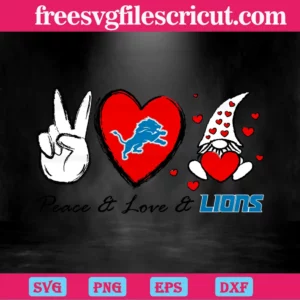 Nfl Teams Peace Love Lions Heart With Gnome, Cuttable Svg Files Invert