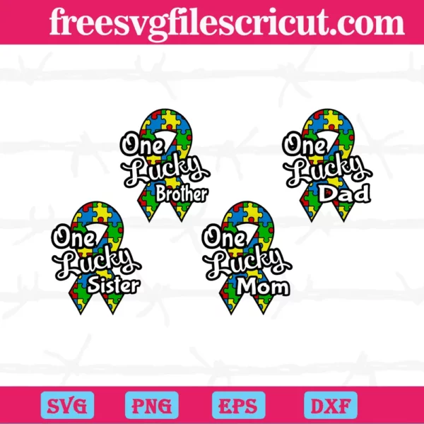 One Lucky Brother Sister Mom Dad Family Ribbon Puzzle Piece Autism, Svg Bundle Files