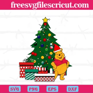 Winnie The Pooh With Christmas Hat And Tree, Digital File Svg