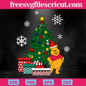 Winnie The Pooh With Christmas Hat And Tree, Digital File Svg Invert