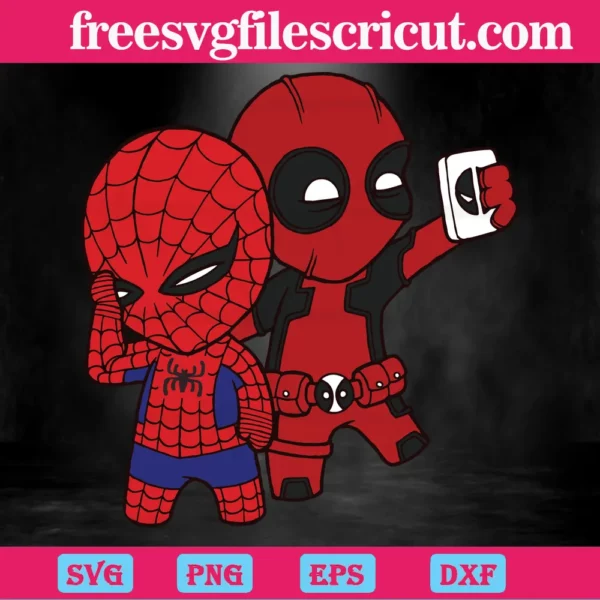 Chibi Deadpool And Spiderman, Svg Png Dxf Eps Digital Files Invert