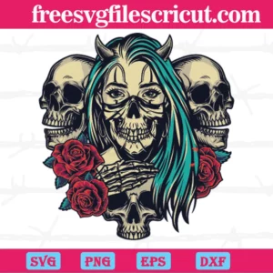Devil Girl With Skull And Rose, Svg Png Dxf Eps Cricut Files
