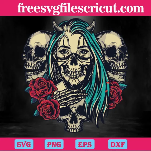 Devil Girl With Skull And Rose, Svg Png Dxf Eps Cricut Files Invert