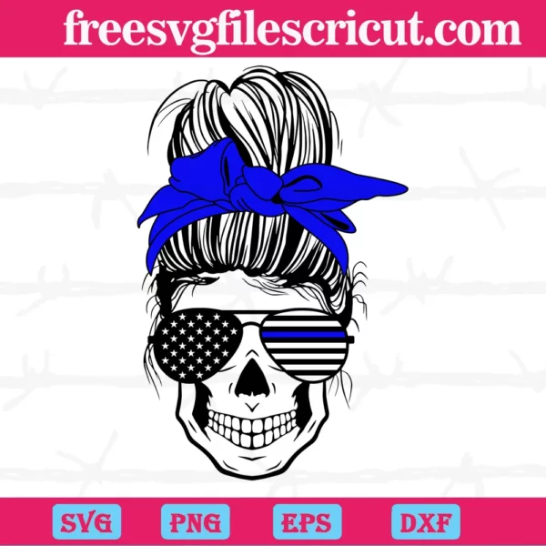 Police Messy Bun Skull Blue Line, Laser Cut Svg Files