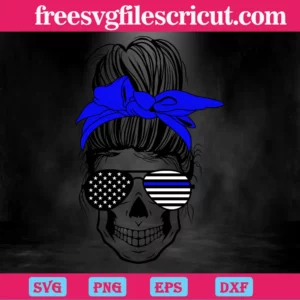 Police Messy Bun Skull Blue Line, Laser Cut Svg Files Invert