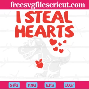 Dinosaur I Steal Hearts Valentine, Svg Png Dxf Eps Cricut Invert
