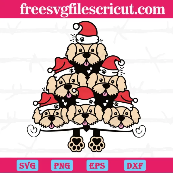 Dogs Wearing Santa Hats Christmas Tree, Vector Svg