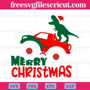 Merry Christmas Monster Truck With Dinosaur, Vector Files