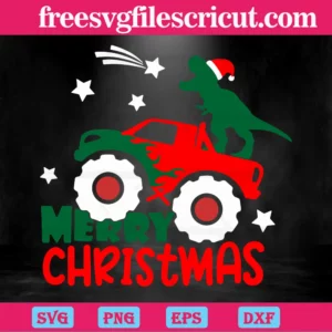 Merry Christmas Monster Truck With Dinosaur, Vector Files Invert