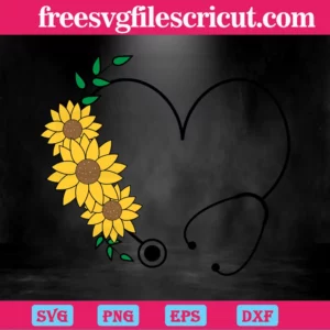 Sunflower Floral Heart Stethoscope Valentines Day, Svg Files Invert