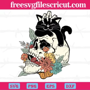 Black Cat And Floral Skull, Svg Png Dxf Eps Designs Download