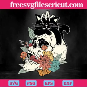 Black Cat And Floral Skull, Svg Png Dxf Eps Designs Download Invert