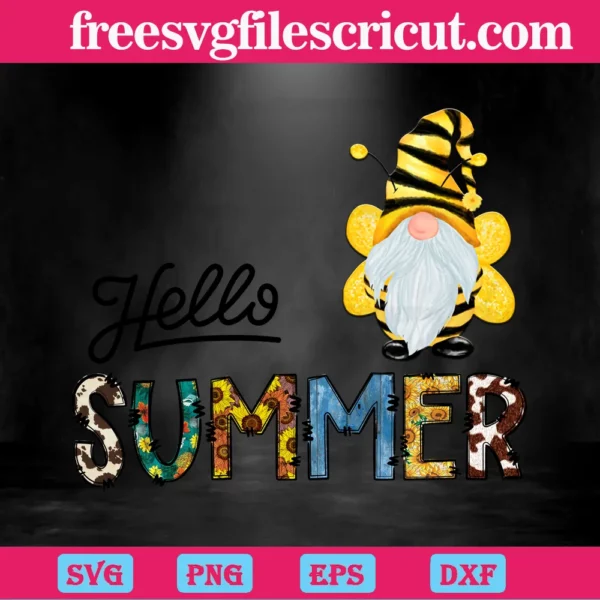 Hello Summer Bee Gnome Clipart, Downloadable File Invert