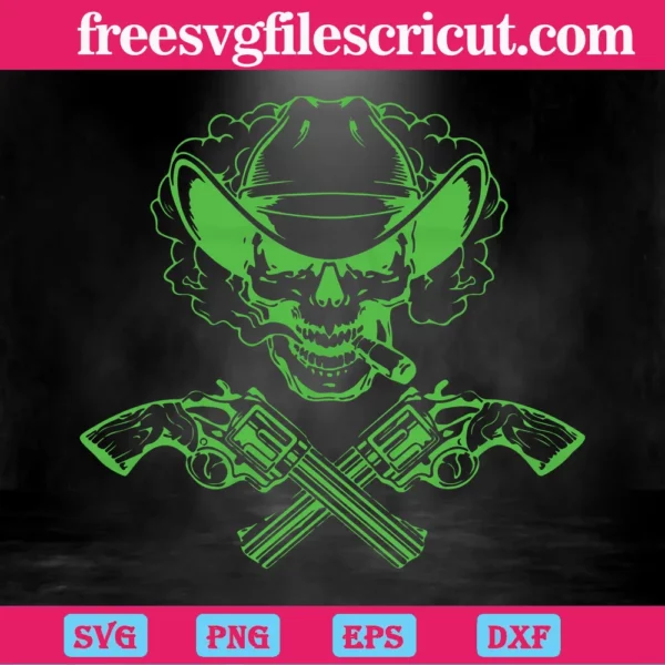 Vintage Cowboy Skull With Crossed Guns, Svg Png Dxf Eps Digital Files Invert