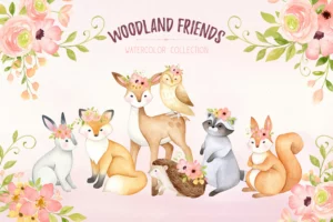 Woodland Animals Watercolor Clipart Png